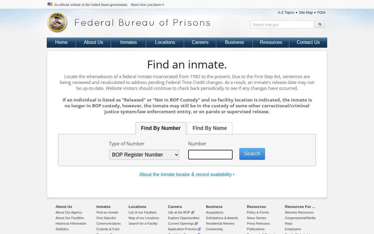 Federal BOP custody record locator for Lawrence County search