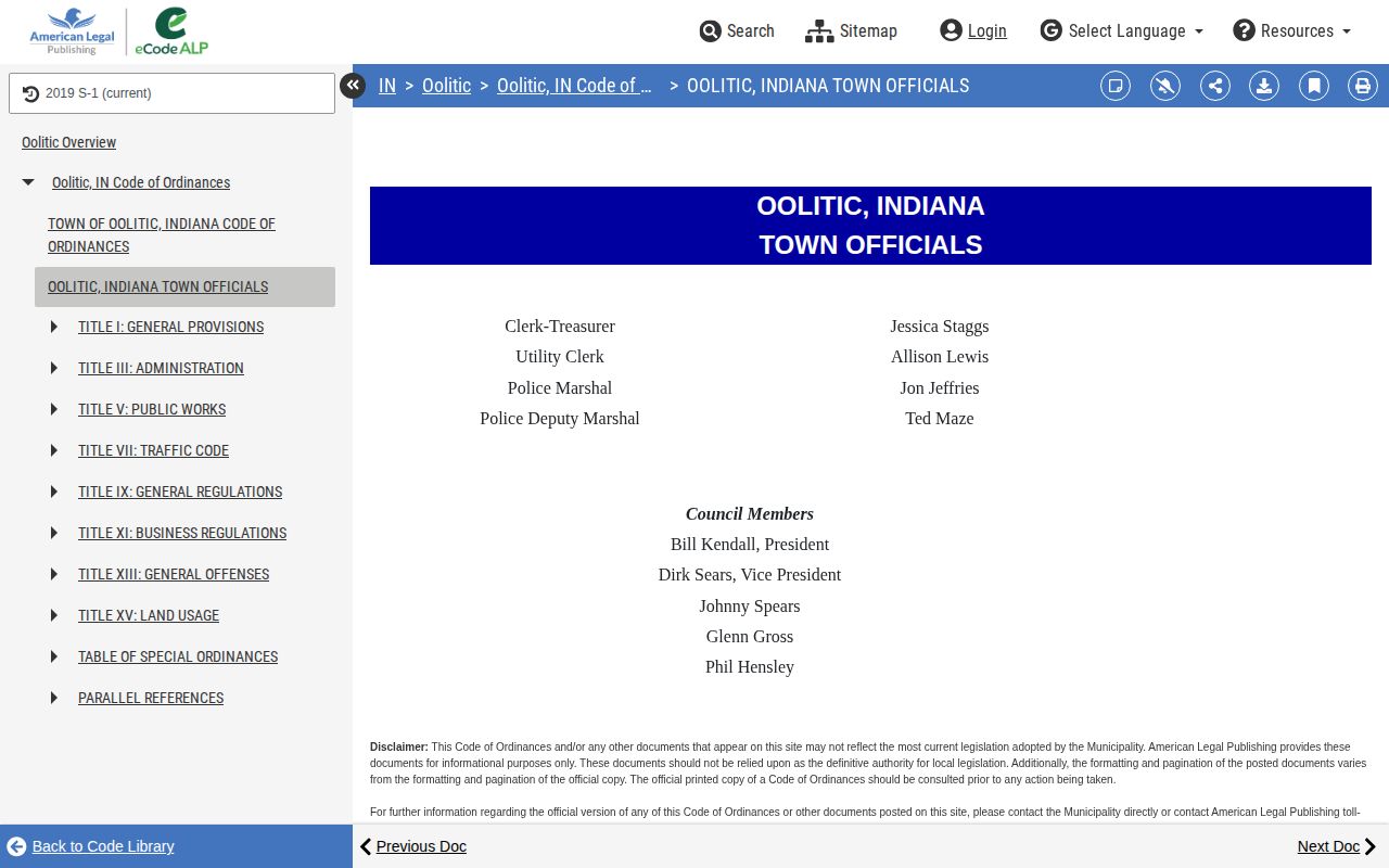 Oolitic Police Marshal official Lawrence County record source